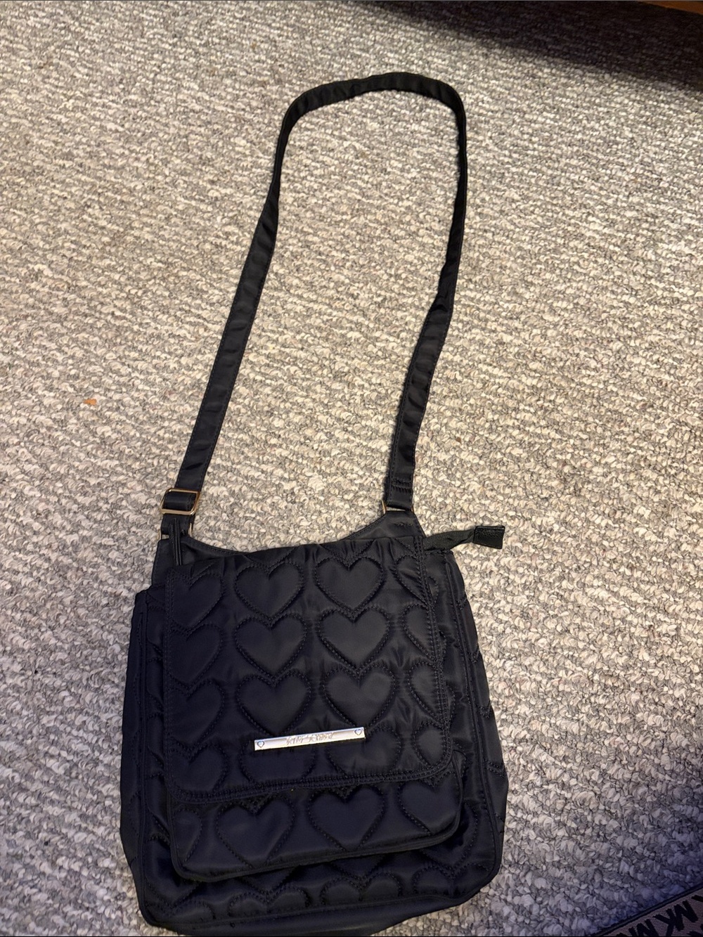 Betsey Johnson Black Quilted Heart Crossbody Bag with Adjustable Strap